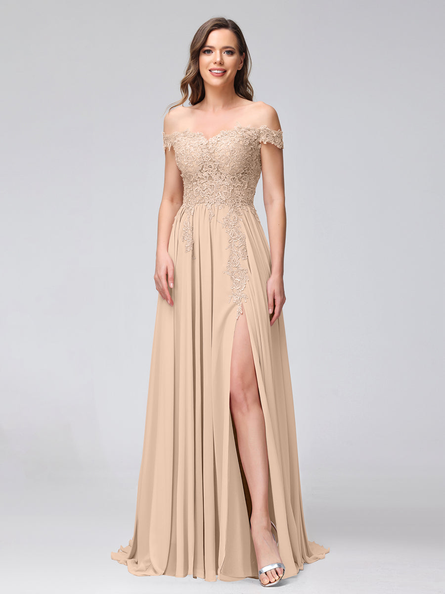 A-Line Off-the-Shoulder Sleeveless Appliqued Chiffon Long Bridesmaid Dresses with Side Slit Peach Pink