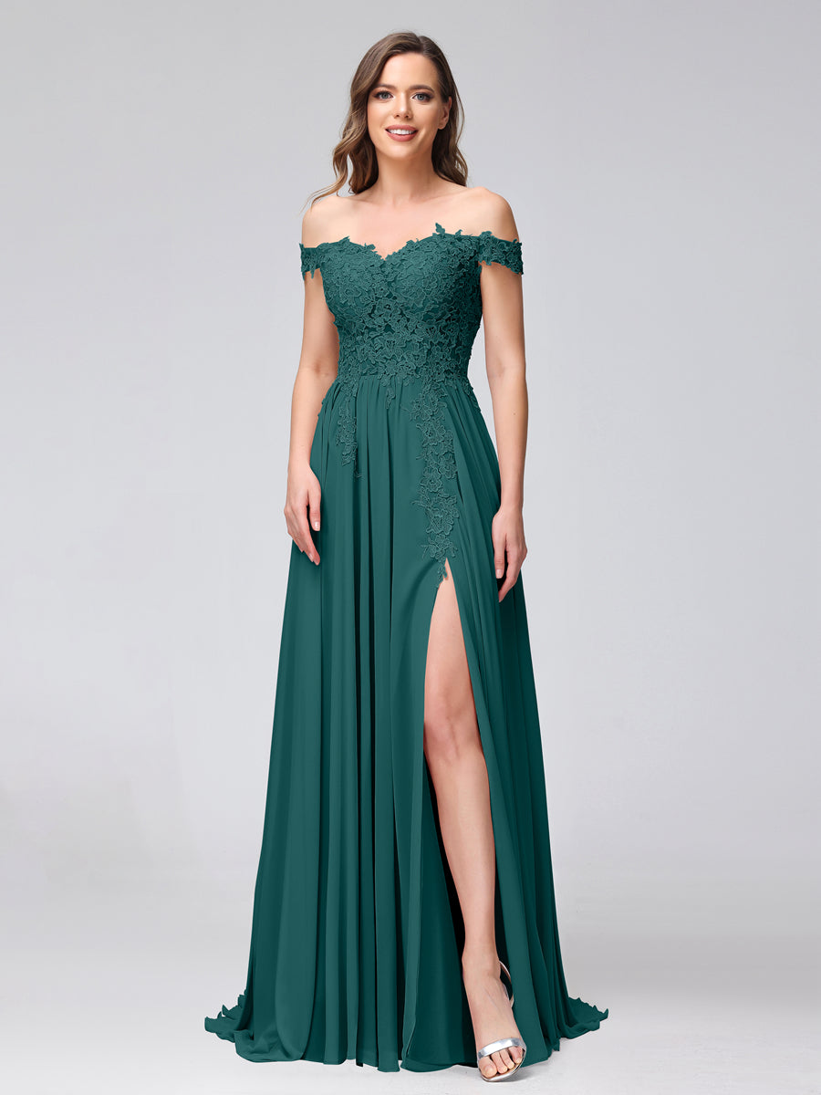 A-Line Off-the-Shoulder Sleeveless Appliqued Chiffon Long Bridesmaid Dresses with Side Slit Peacock