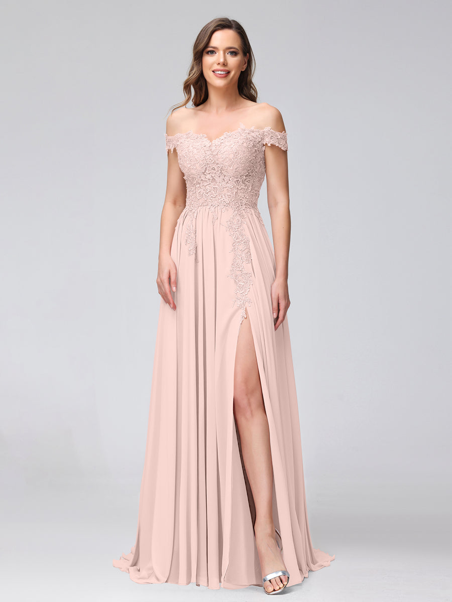 A-Line Off-the-Shoulder Sleeveless Appliqued Chiffon Long Bridesmaid Dresses with Side Slit Pearl Pink