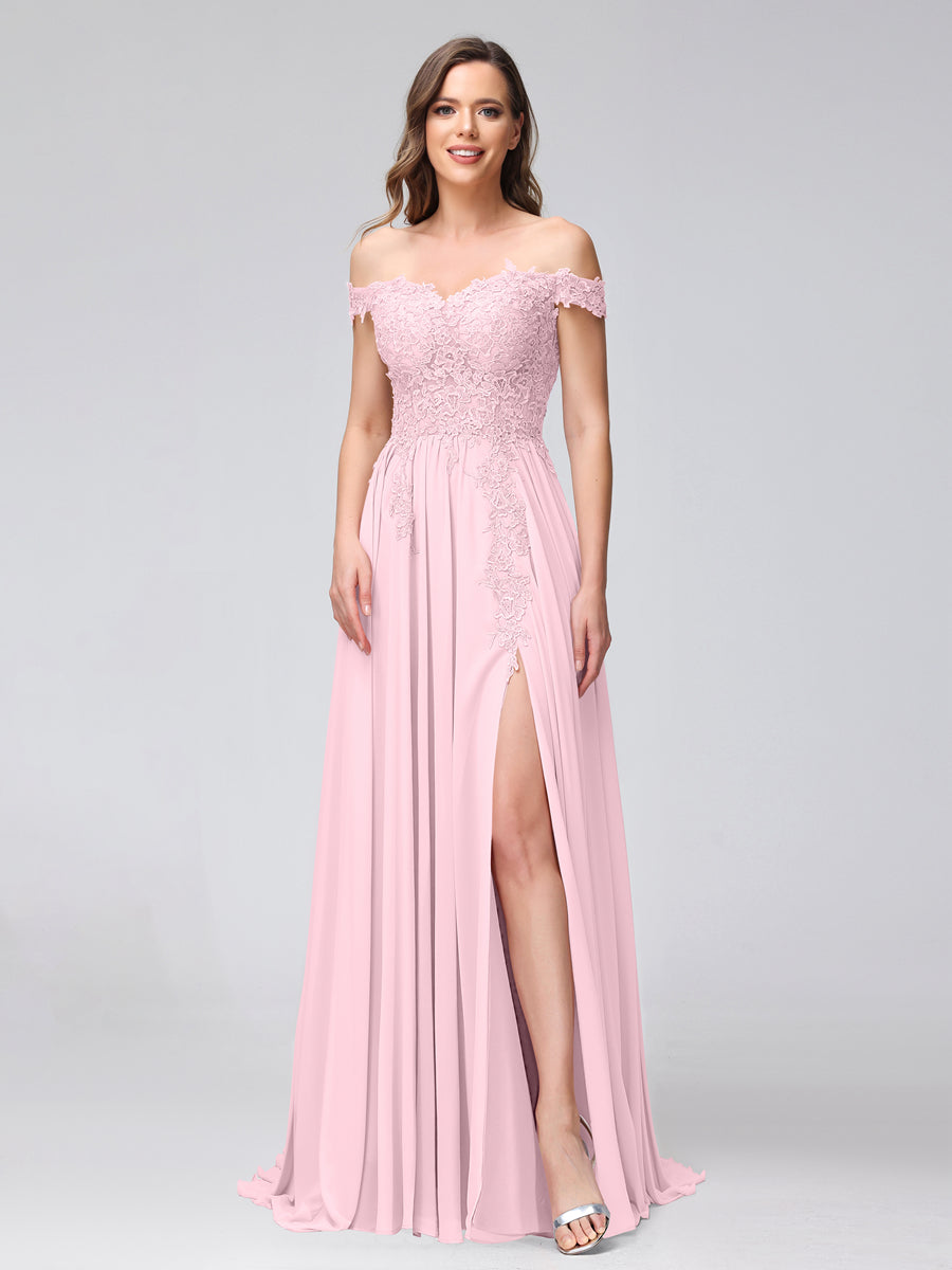 A-Line Off-the-Shoulder Sleeveless Appliqued Chiffon Long Bridesmaid Dresses with Side Slit Pink