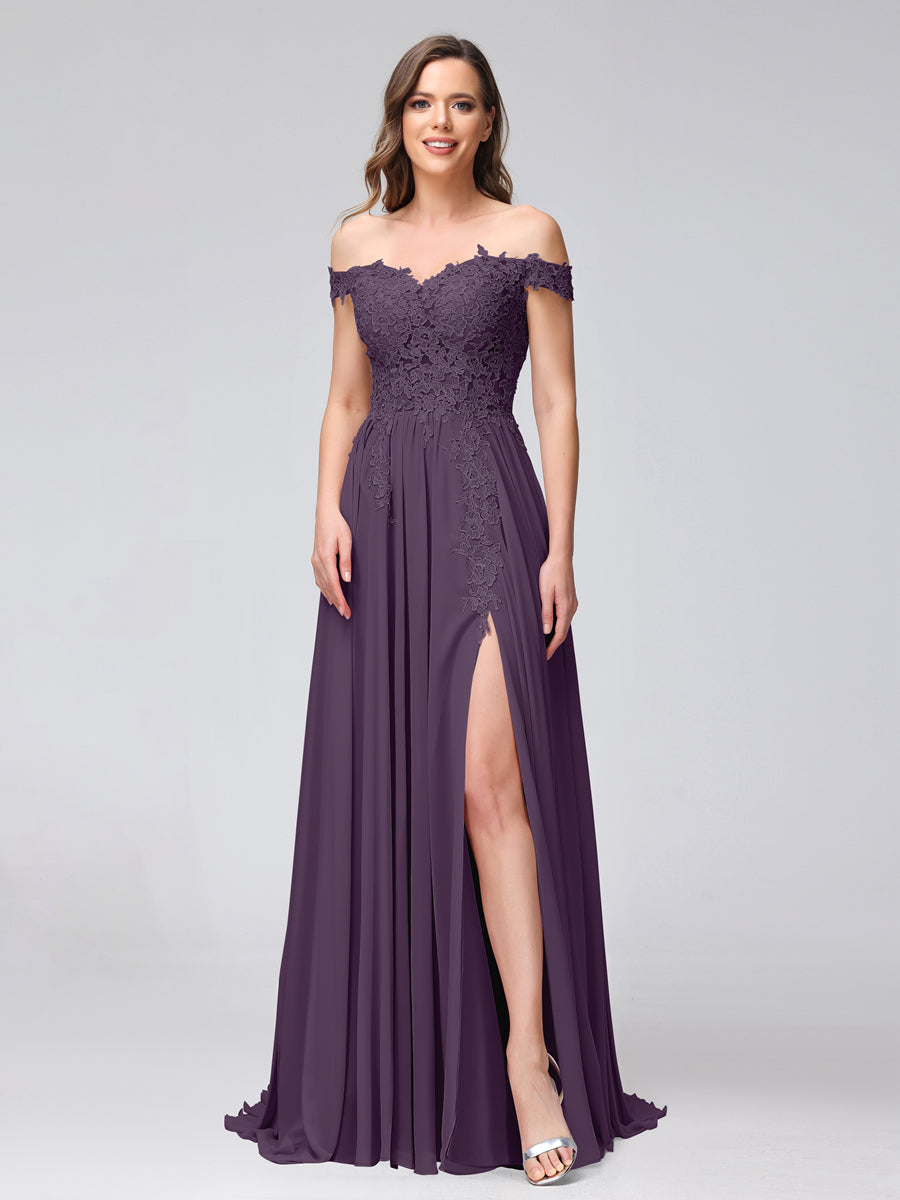 A-Line Off-the-Shoulder Sleeveless Appliqued Chiffon Long Bridesmaid Dresses with Side Slit Plum