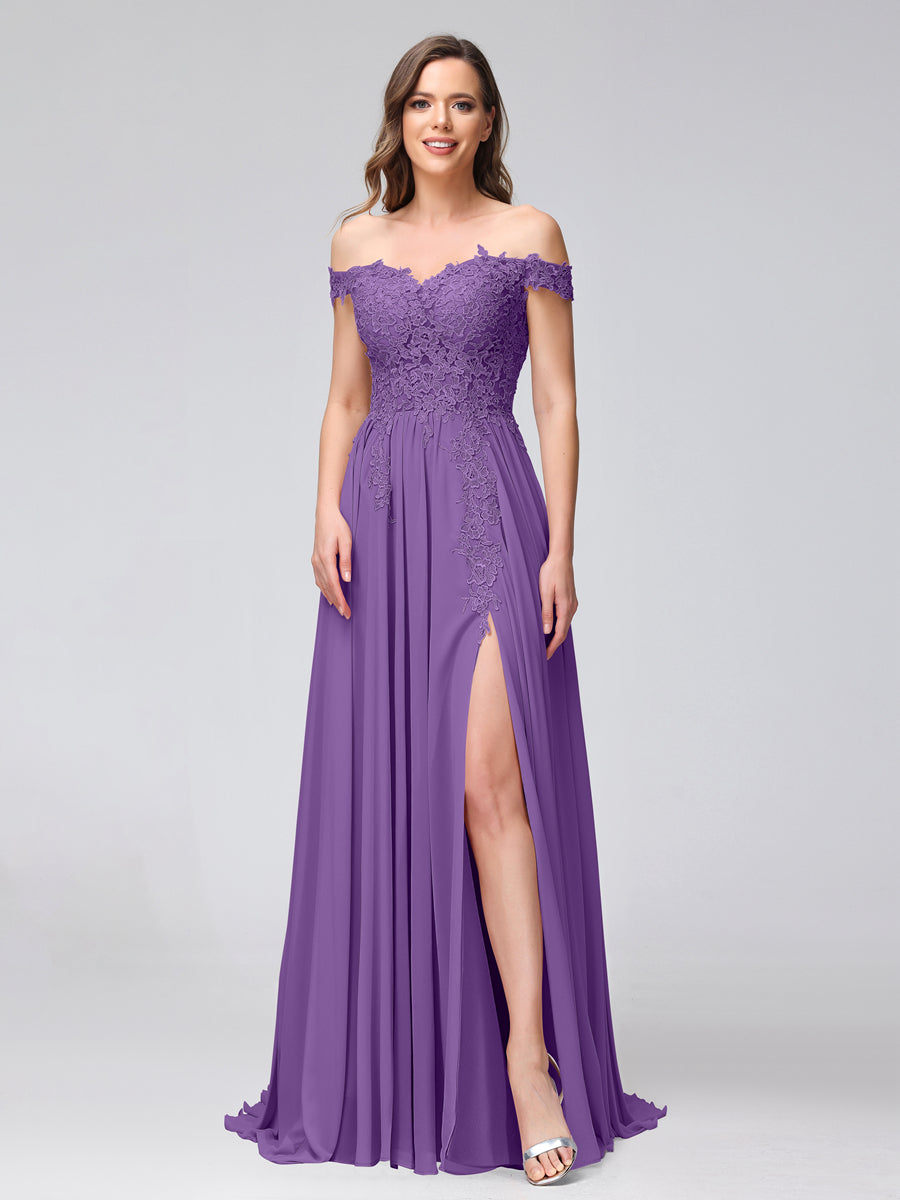 A-Line Off-the-Shoulder Sleeveless Appliqued Chiffon Long Bridesmaid Dresses with Side Slit Purple