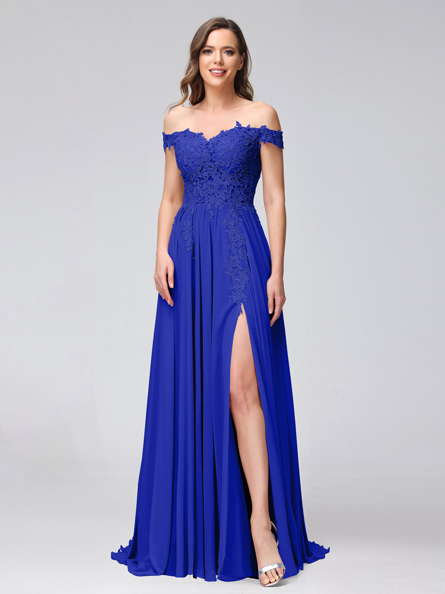 A-Line Off-the-Shoulder Sleeveless Appliqued Chiffon Long Bridesmaid Dresses with Side Slit Royal Blue