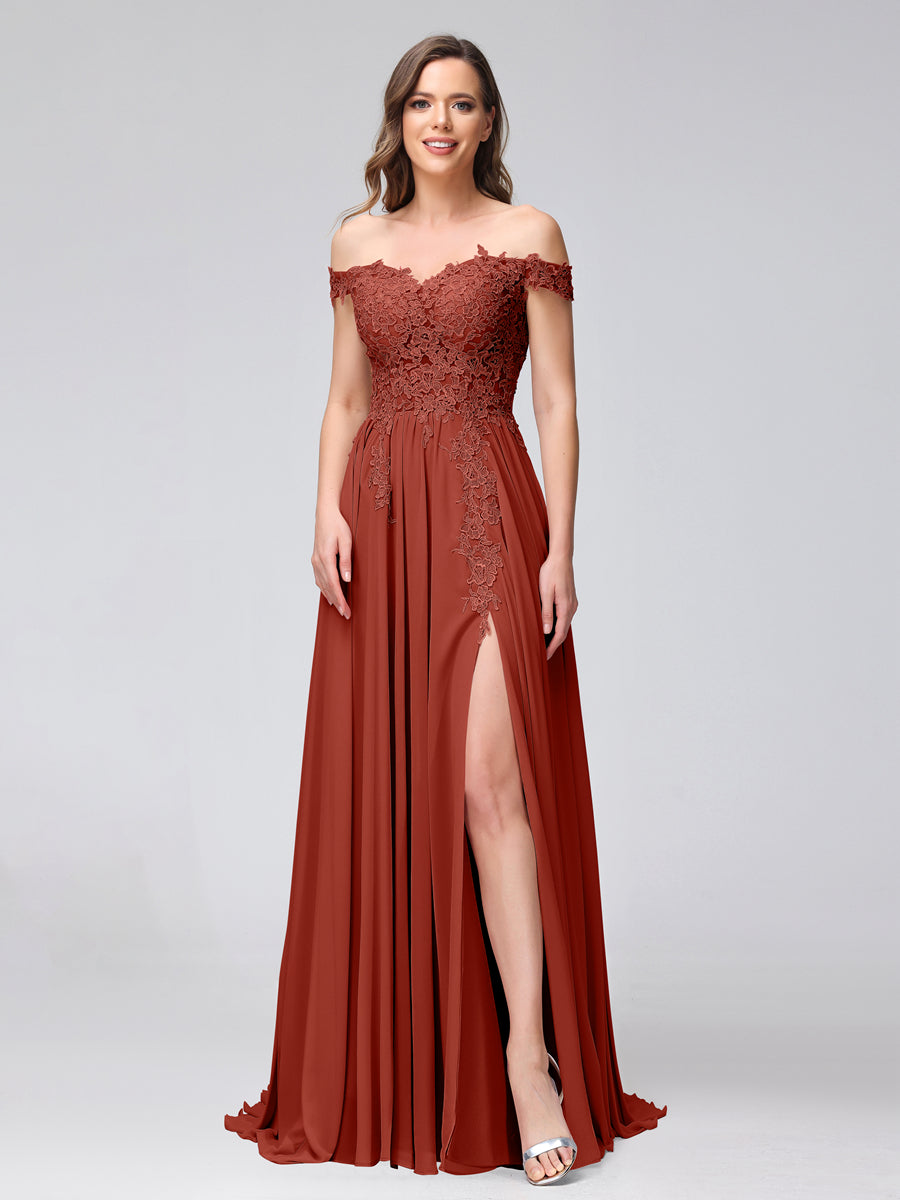 A-Line Off-the-Shoulder Sleeveless Appliqued Chiffon Long Bridesmaid Dresses with Side Slit Rust