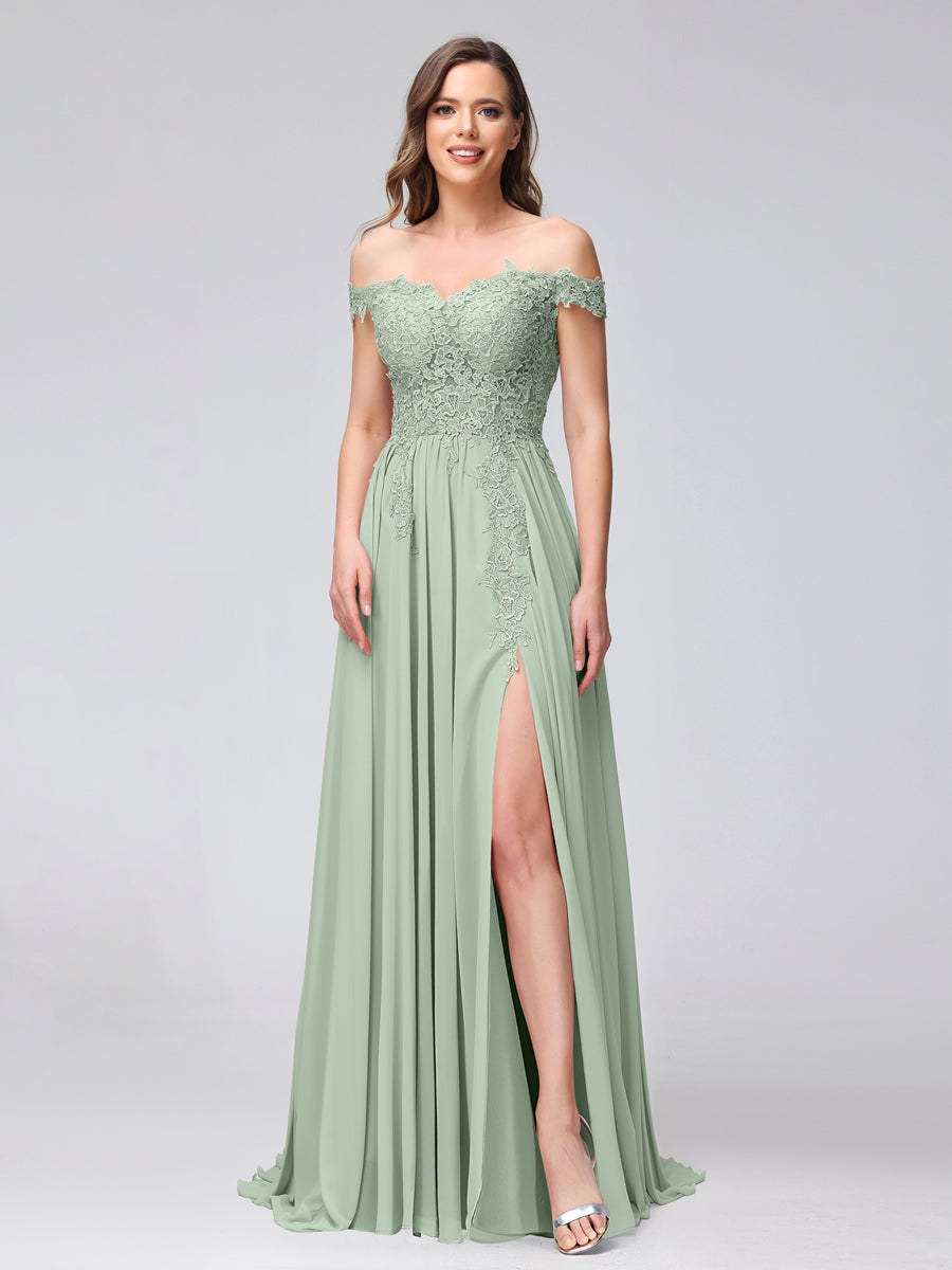 A-Line Off-the-Shoulder Sleeveless Appliqued Chiffon Long Bridesmaid Dresses with Side Slit Sage