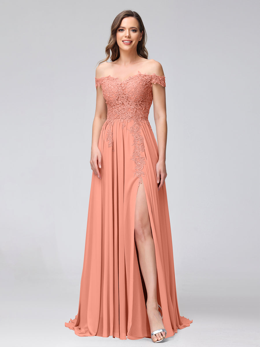 A-Line Off-the-Shoulder Sleeveless Appliqued Chiffon Long Bridesmaid Dresses with Side Slit Salmon