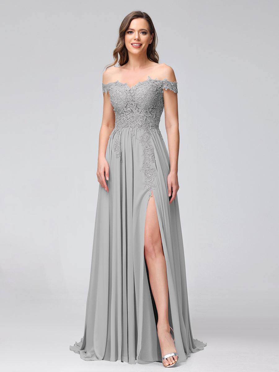 A-Line Off-the-Shoulder Sleeveless Appliqued Chiffon Long Bridesmaid Dresses with Side Slit Silver