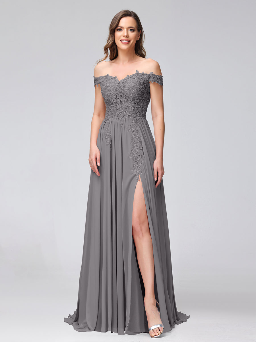 A-Line Off-the-Shoulder Sleeveless Appliqued Chiffon Long Bridesmaid Dresses with Side Slit Silver Gray