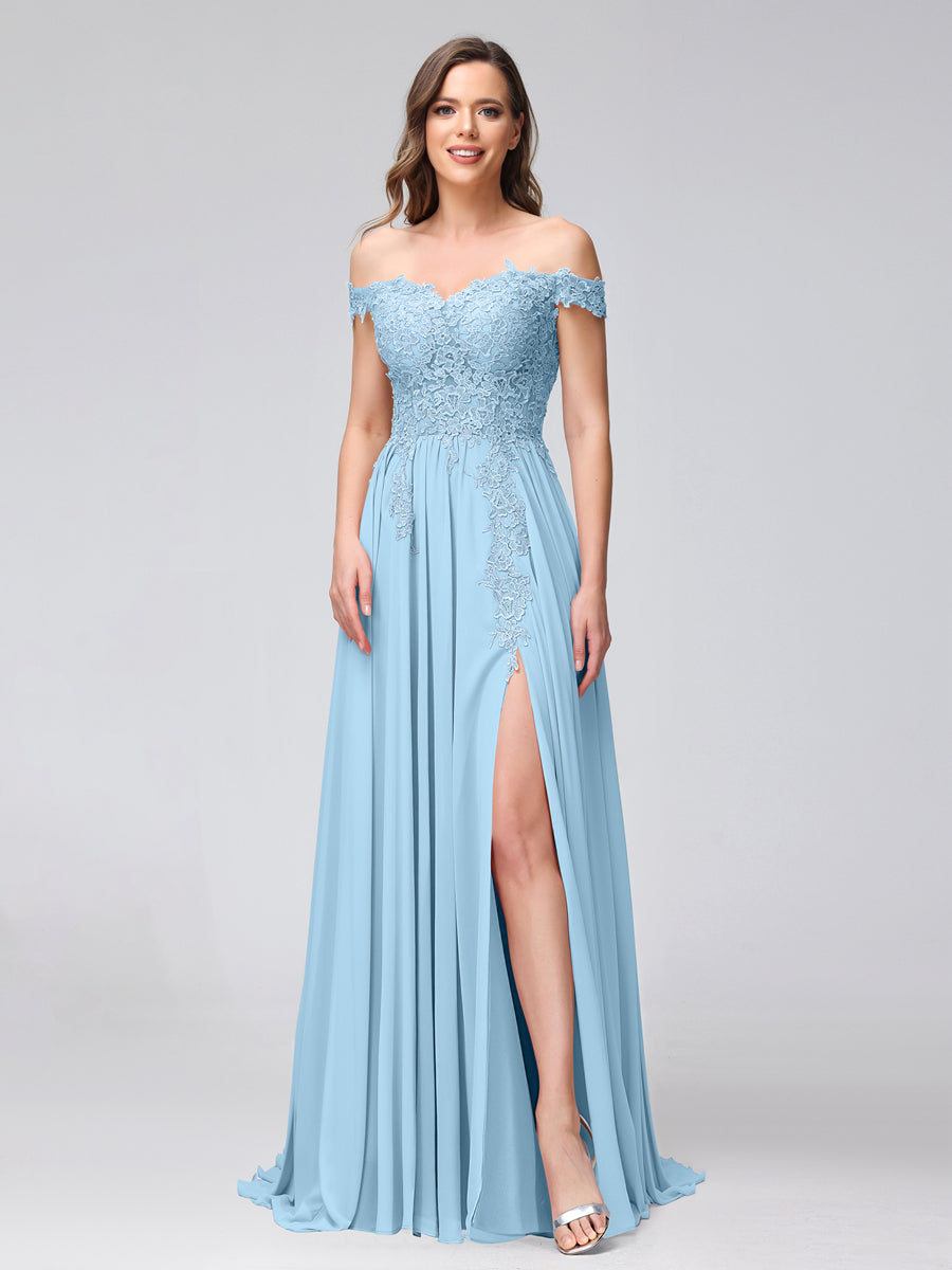 A-Line Off-the-Shoulder Sleeveless Appliqued Chiffon Long Bridesmaid Dresses with Side Slit Sky Blue