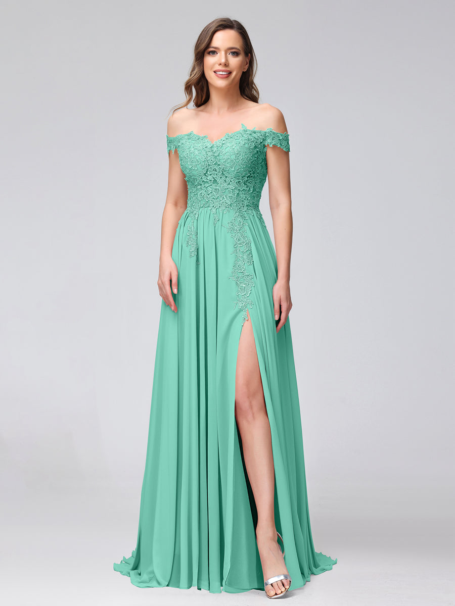 A-Line Off-the-Shoulder Sleeveless Appliqued Chiffon Long Bridesmaid Dresses with Side Slit Spa