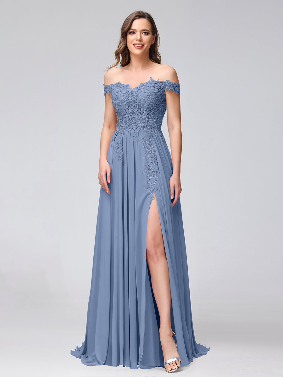 A-Line Off-the-Shoulder Sleeveless Appliqued Chiffon Long Bridesmaid Dresses with Side Slit Steel Blue