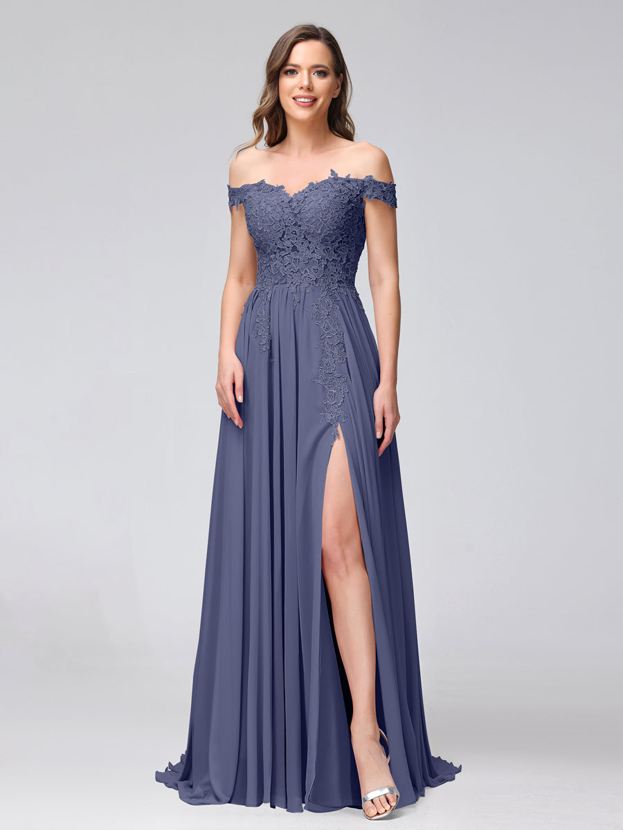A-Line Off-the-Shoulder Sleeveless Appliqued Chiffon Long Bridesmaid Dresses with Side Slit Stormy Blue