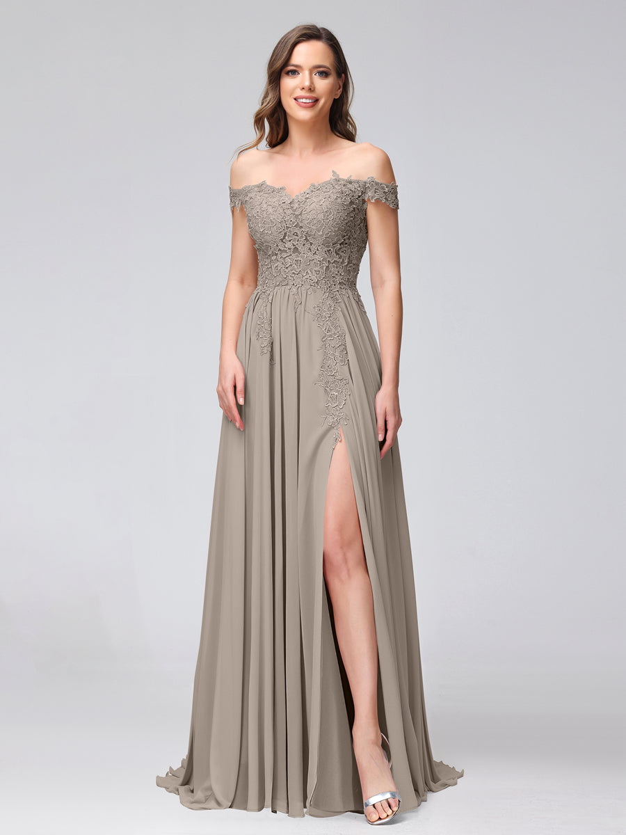 A-Line Off-the-Shoulder Sleeveless Appliqued Chiffon Long Bridesmaid Dresses with Side Slit Taupe