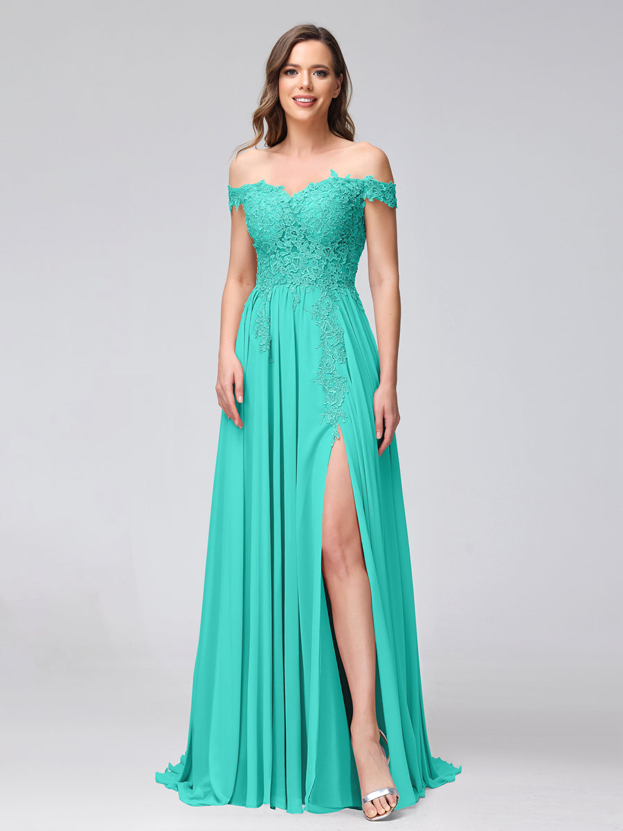 A-Line Off-the-Shoulder Sleeveless Appliqued Chiffon Long Bridesmaid Dresses with Side Slit Turquoise