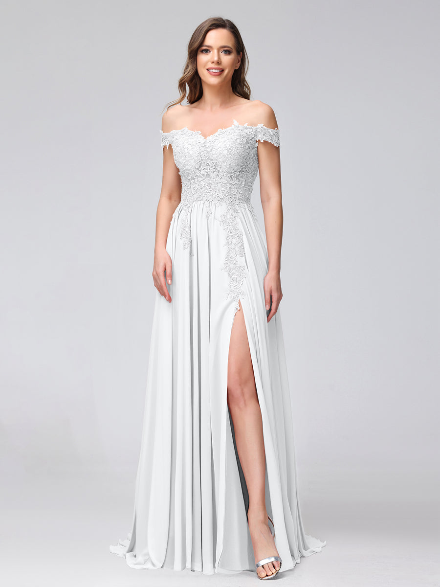 A-Line Off-the-Shoulder Sleeveless Appliqued Chiffon Long Bridesmaid Dresses with Side Slit White