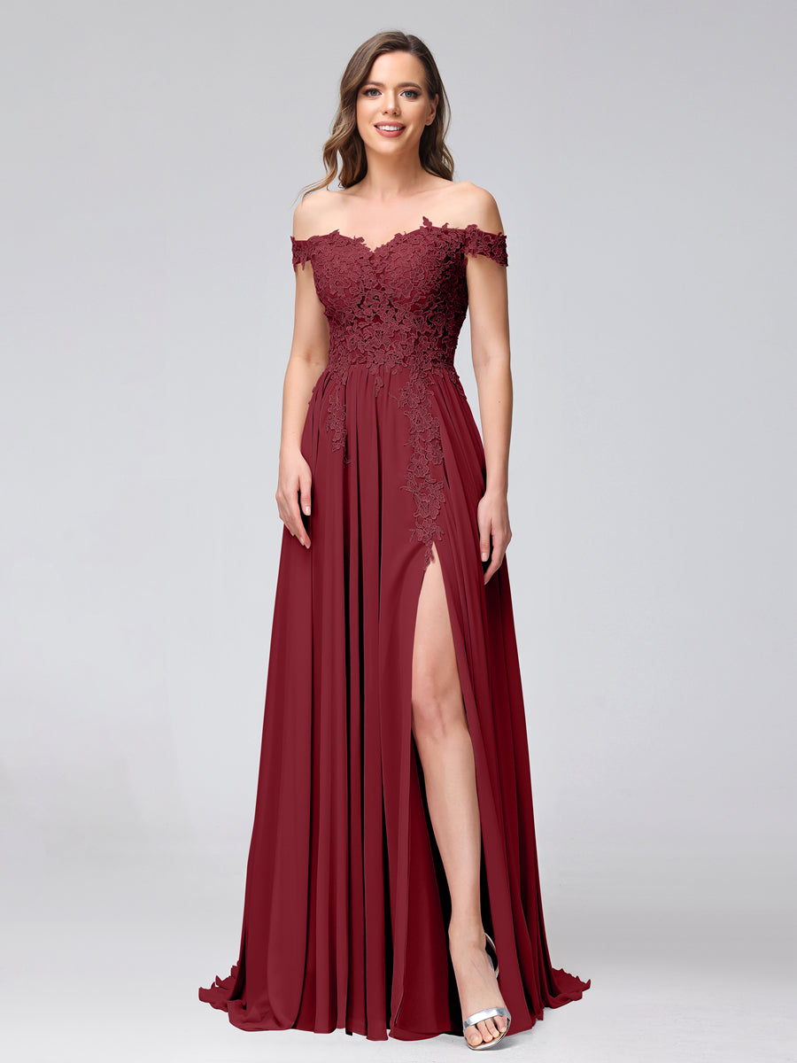 A-Line Off-the-Shoulder Sleeveless Appliqued Chiffon Long Bridesmaid Dresses with Side Slit Wine Red