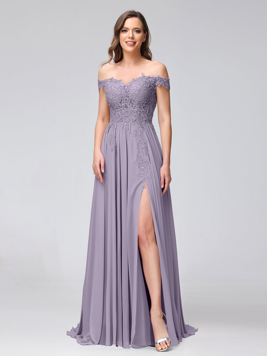 A-Line Off-the-Shoulder Sleeveless Appliqued Chiffon Long Bridesmaid Dresses with Side Slit Wisteria