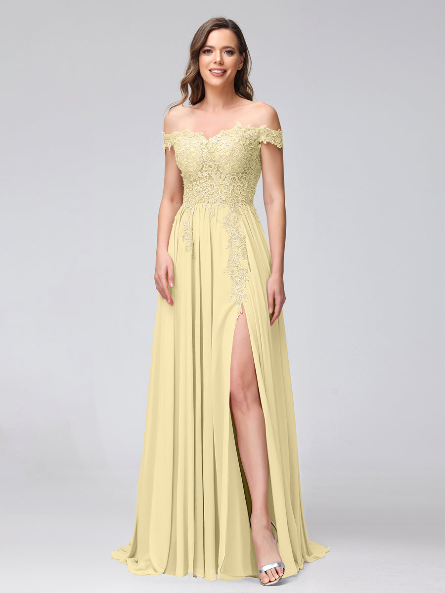 A-Line Off-the-Shoulder Sleeveless Appliqued Chiffon Long Bridesmaid Dresses with Side Slit Yellow