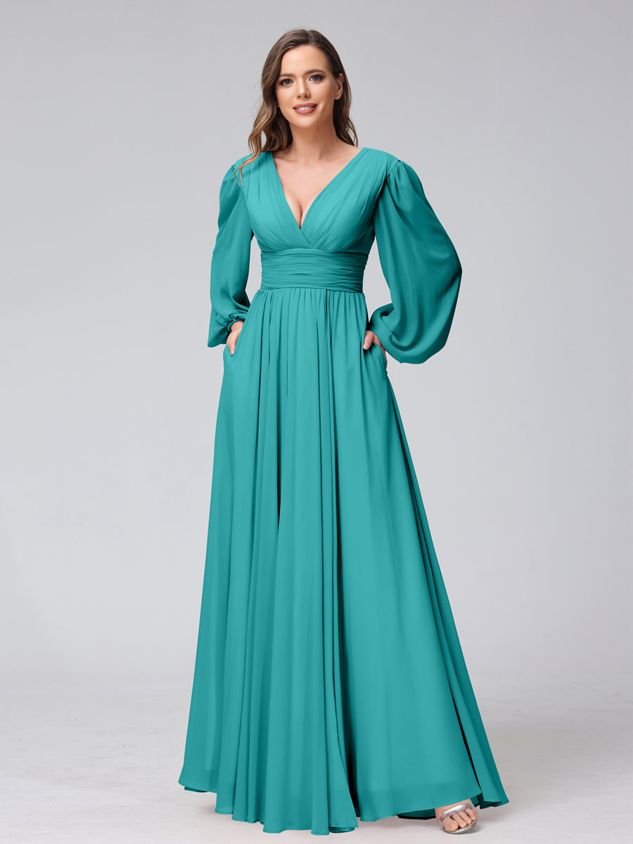 A-Line V-Neck Long Sleeves Long Chiffon Bridesmaid Dresses With Split Side Pockets Aqua Blue