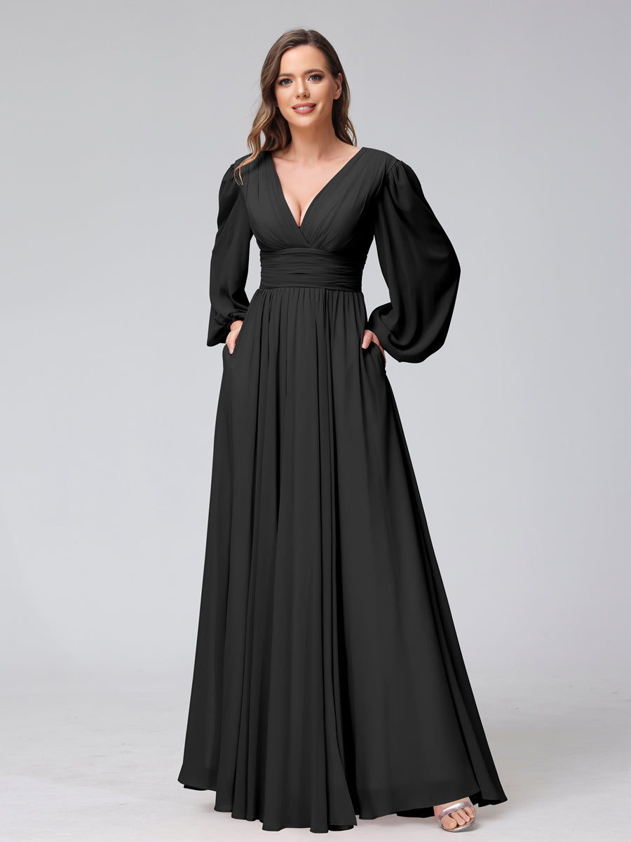 A-Line V-Neck Long Sleeves Long Chiffon Bridesmaid Dresses With Split Side Pockets Black
