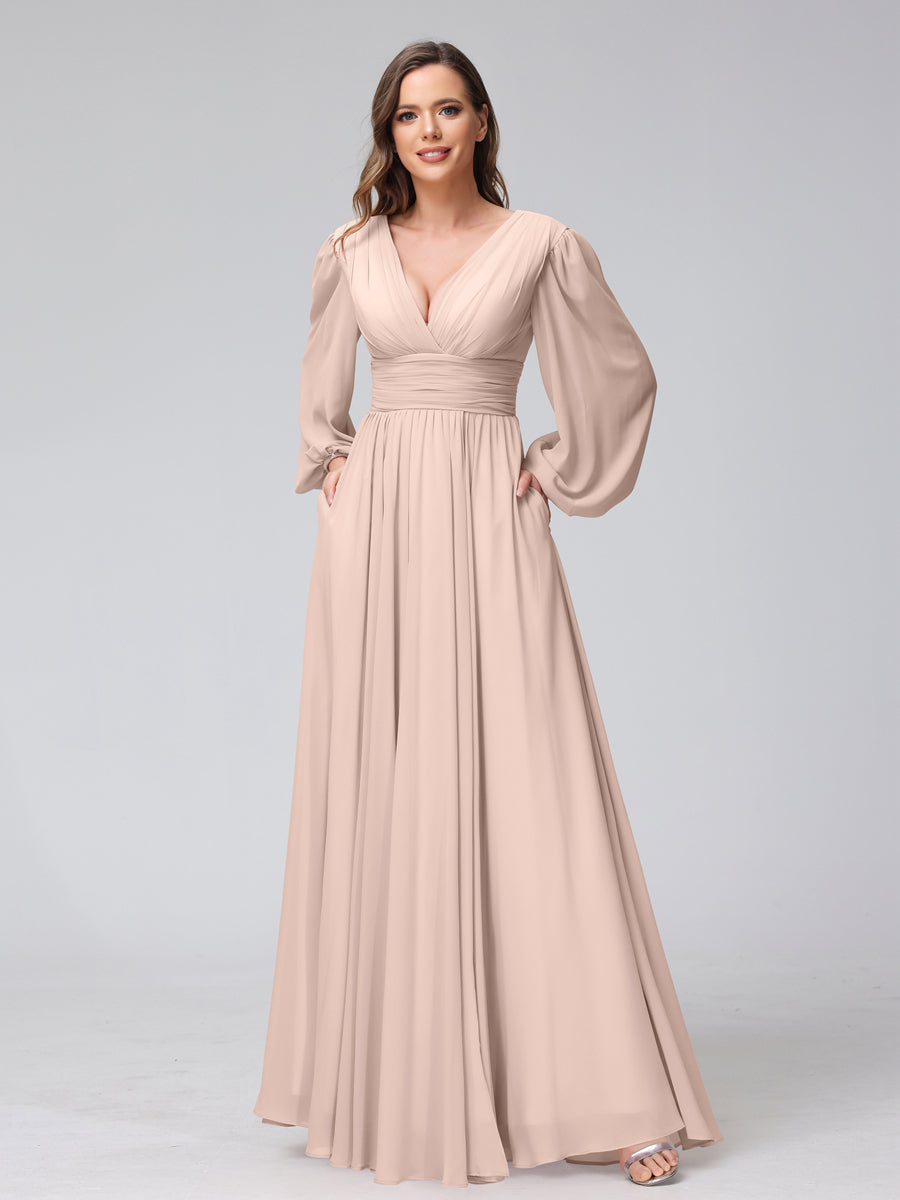 A-Line V-Neck Long Sleeves Long Chiffon Bridesmaid Dresses With Split Side Pockets Blush Pink