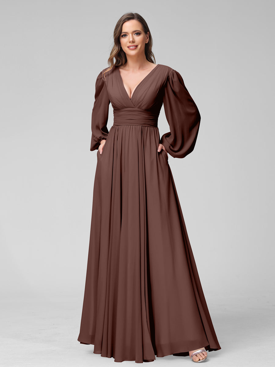 A-Line V-Neck Long Sleeves Long Chiffon Bridesmaid Dresses With Split Side Pockets Brown