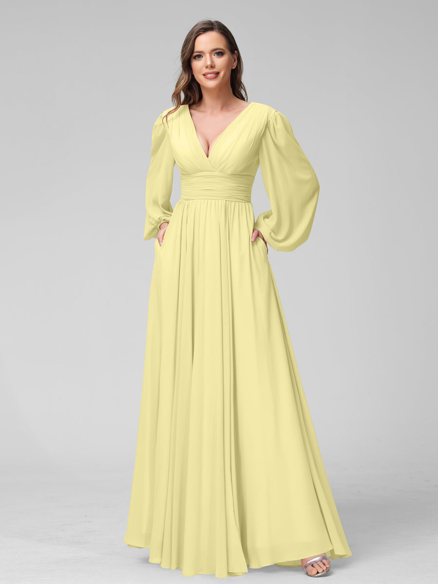 A-Line V-Neck Long Sleeves Long Chiffon Bridesmaid Dresses With Split Side Pockets Canary