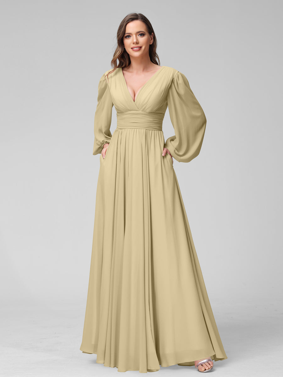 A-Line V-Neck Long Sleeves Long Chiffon Bridesmaid Dresses With Split Side Pockets Champagne