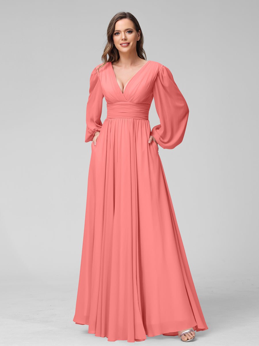 A-Line V-Neck Long Sleeves Long Chiffon Bridesmaid Dresses With Split Side Pockets Coral