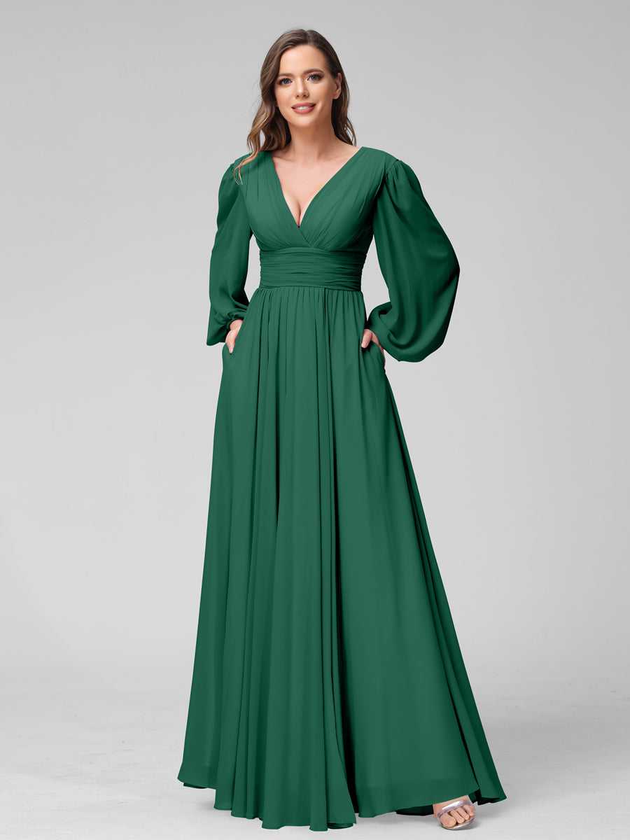 A-Line V-Neck Long Sleeves Long Chiffon Bridesmaid Dresses With Split Side Pockets Dark Green