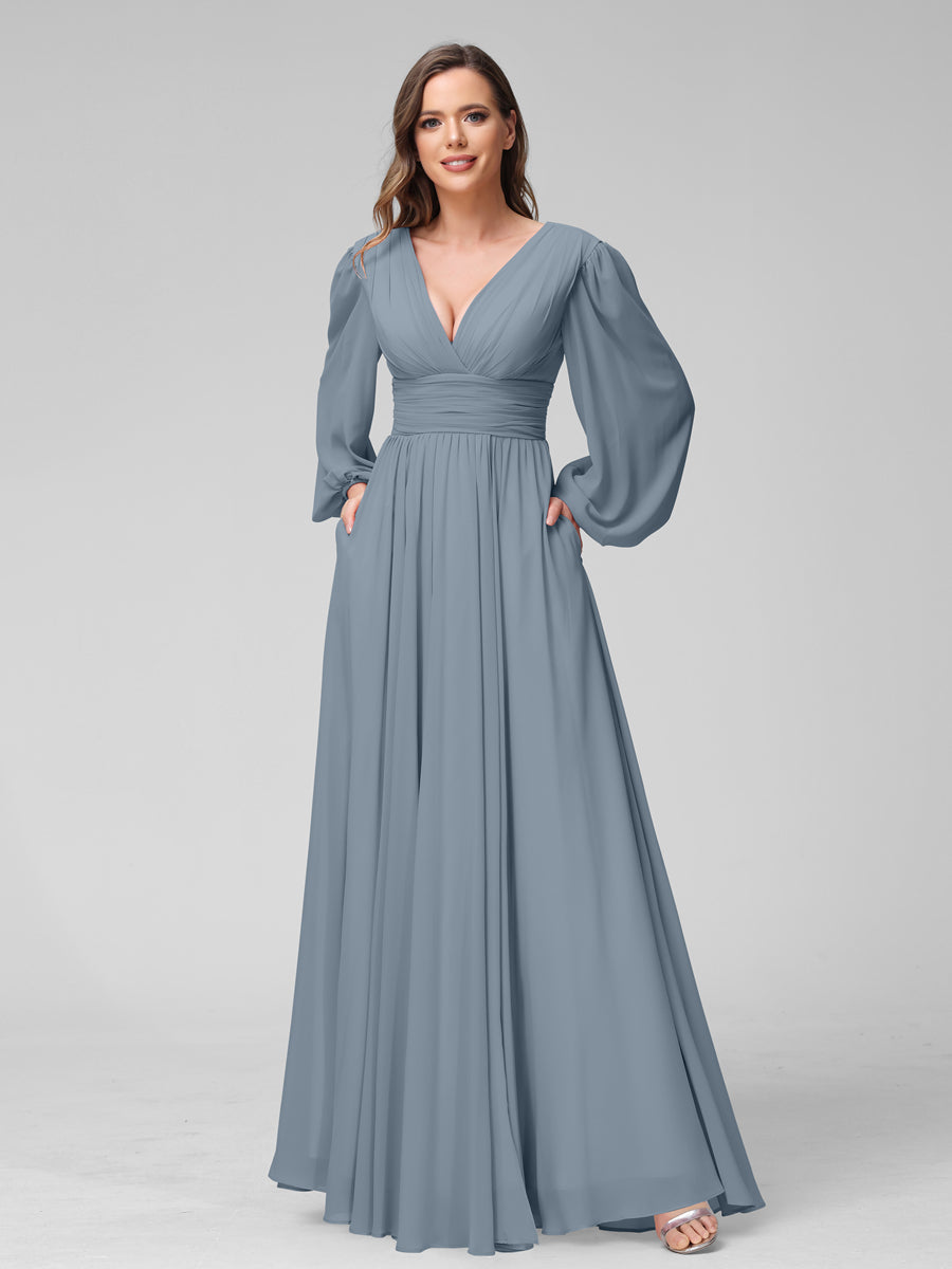 A-Line V-Neck Long Sleeves Long Chiffon Bridesmaid Dresses With Split Side Pockets Dusty Blue