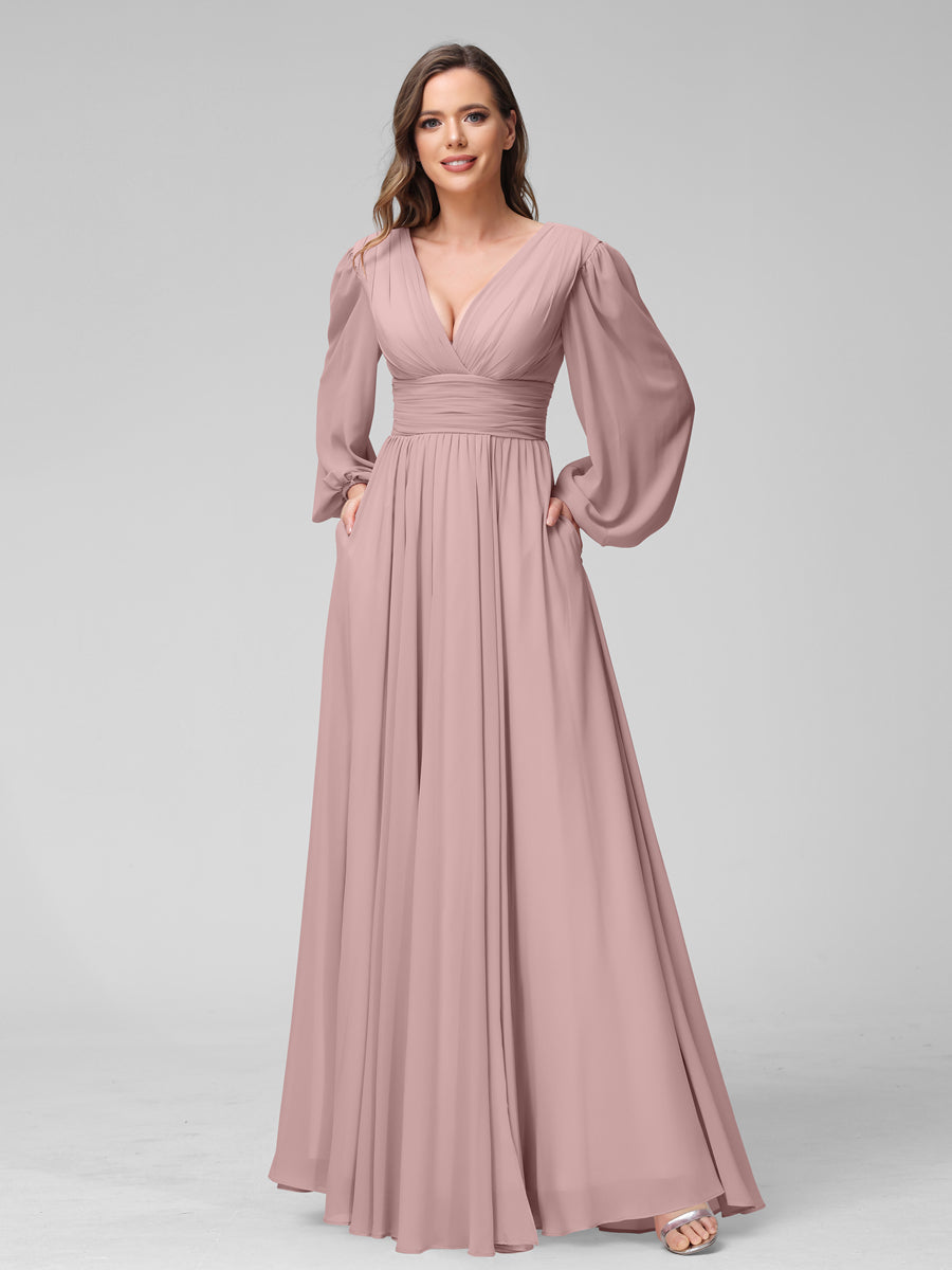 A-Line V-Neck Long Sleeves Long Chiffon Bridesmaid Dresses With Split Side Pockets Dusty Pink
