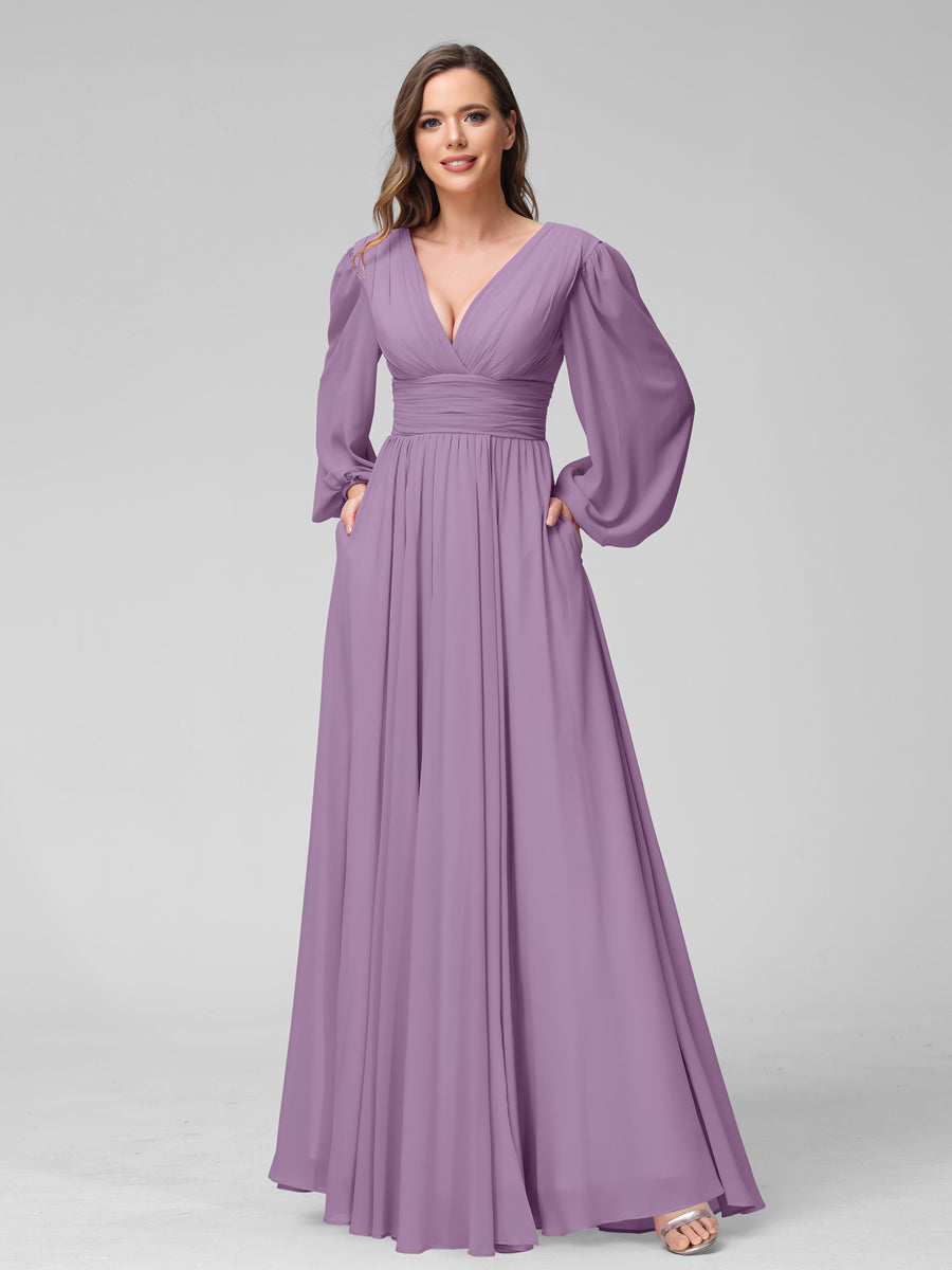 A-Line V-Neck Long Sleeves Long Chiffon Bridesmaid Dresses With Split Side Pockets Dusty Purple