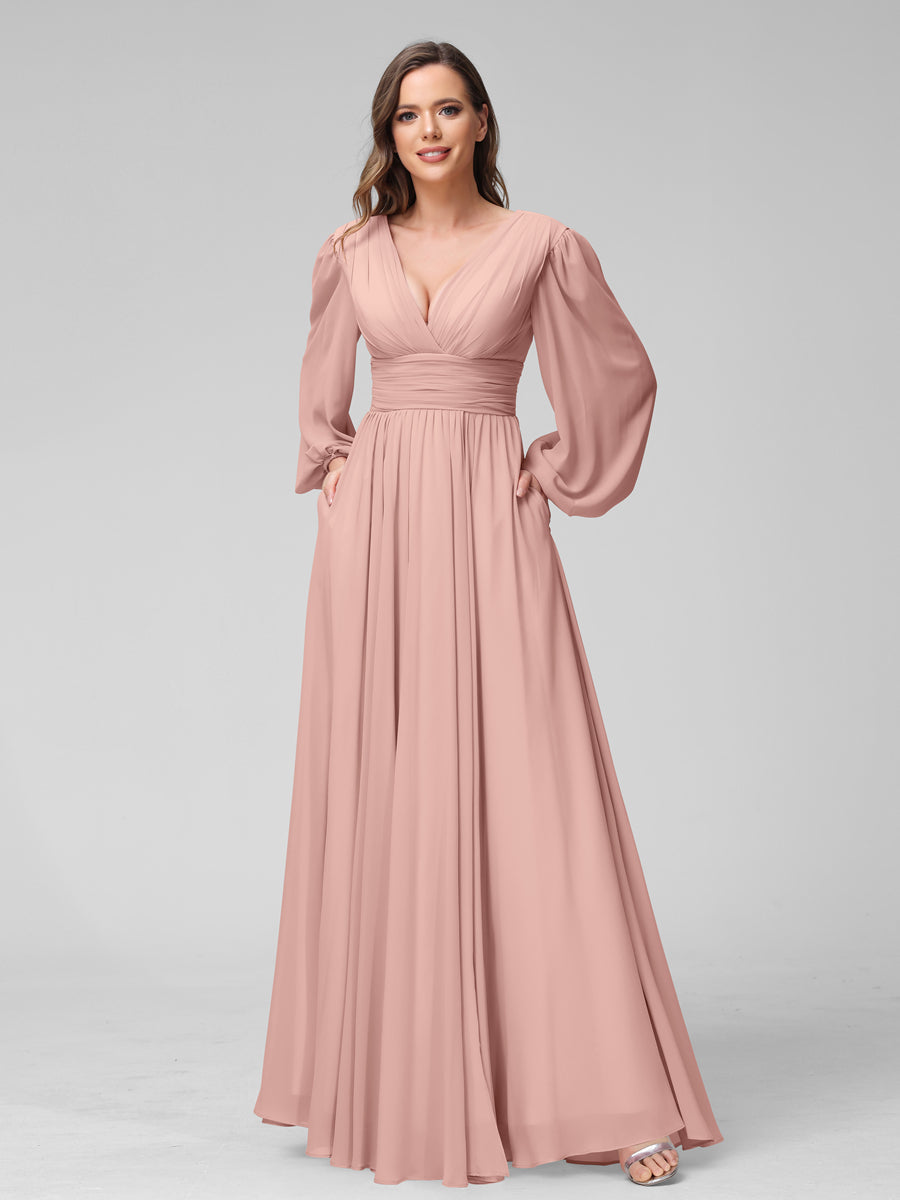 A-Line V-Neck Long Sleeves Long Chiffon Bridesmaid Dresses With Split Side Pockets Dusty Rose