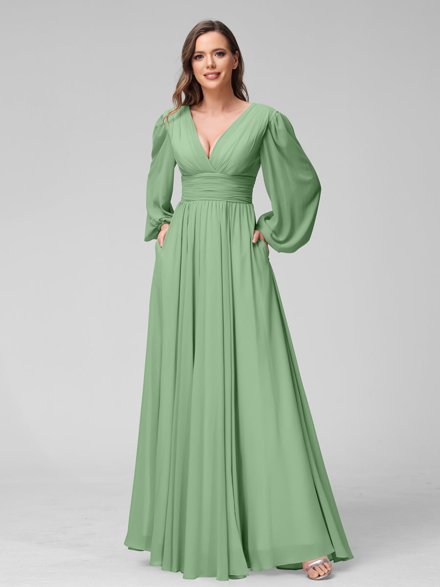 A-Line V-Neck Long Sleeves Long Chiffon Bridesmaid Dresses With Split Side Pockets Dusty Sage