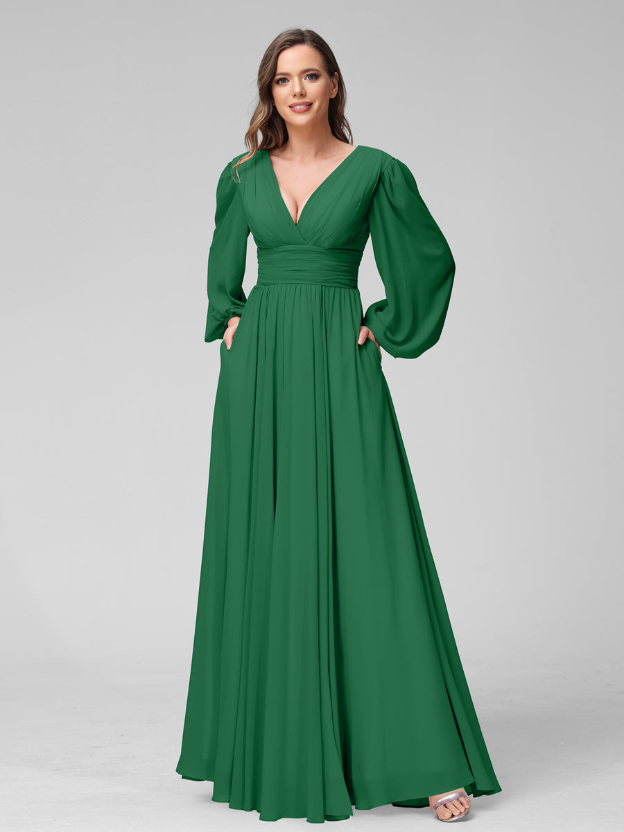 A-Line V-Neck Long Sleeves Long Chiffon Bridesmaid Dresses With Split Side Pockets Emerald