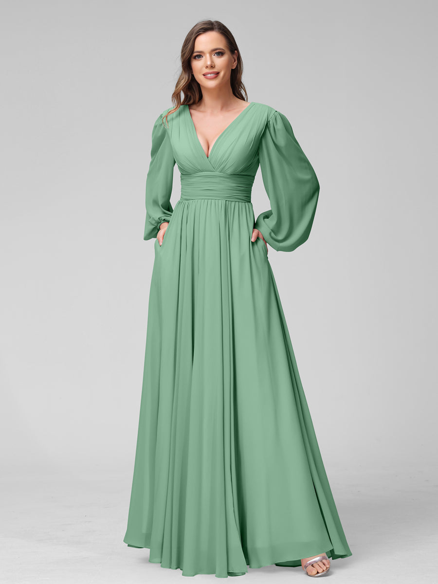 A-Line V-Neck Long Sleeves Long Chiffon Bridesmaid Dresses With Split Side Pockets Eucalyptus