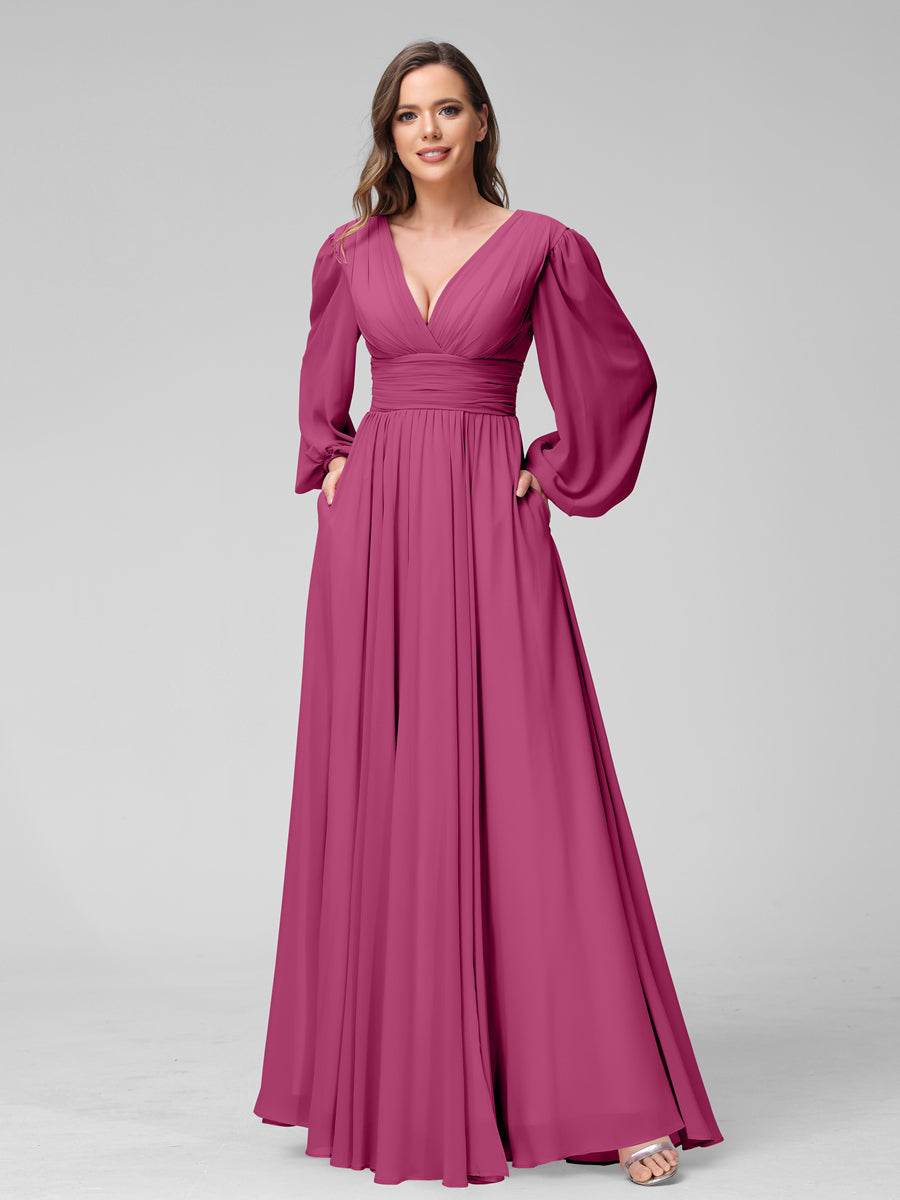 A-Line V-Neck Long Sleeves Long Chiffon Bridesmaid Dresses With Split Side Pockets Fuchsia