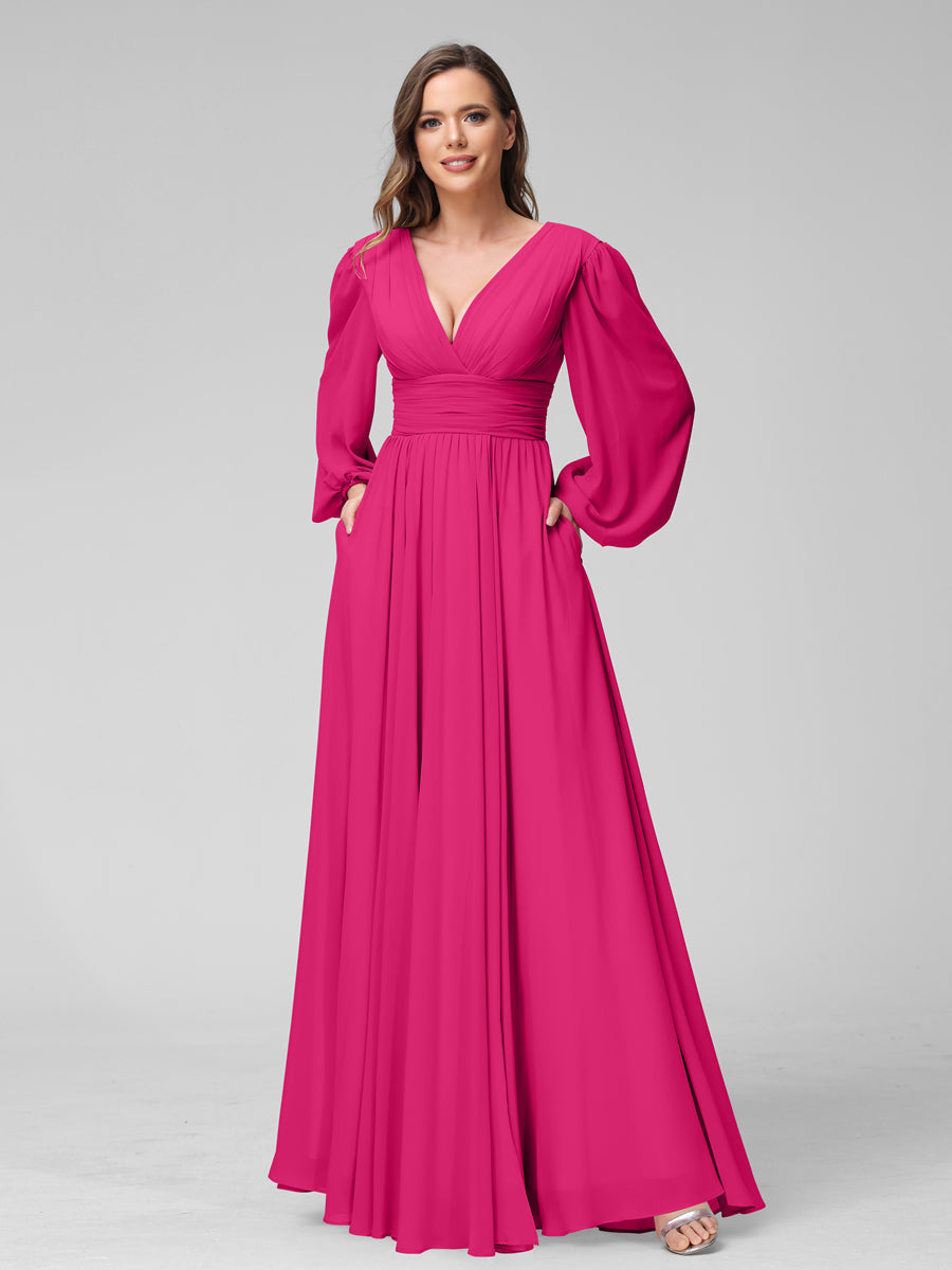 A-Line V-Neck Long Sleeves Long Chiffon Bridesmaid Dresses With Split Side Pockets Fuchsia Pink