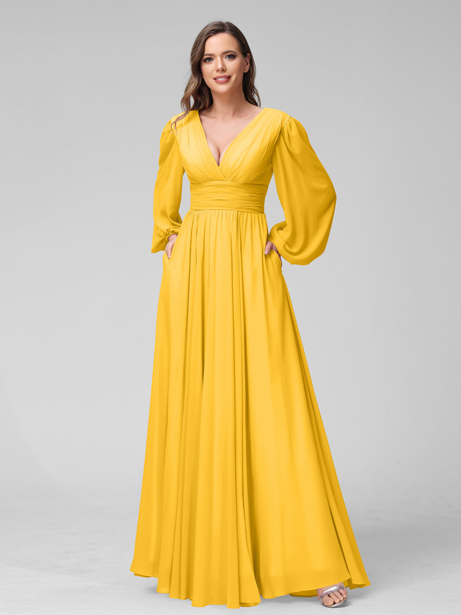 A-Line V-Neck Long Sleeves Long Chiffon Bridesmaid Dresses With Split Side Pockets Gold