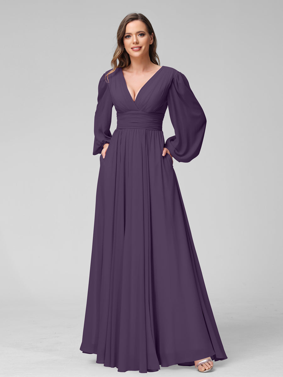 A-Line V-Neck Long Sleeves Long Chiffon Bridesmaid Dresses With Split Side Pockets Grape