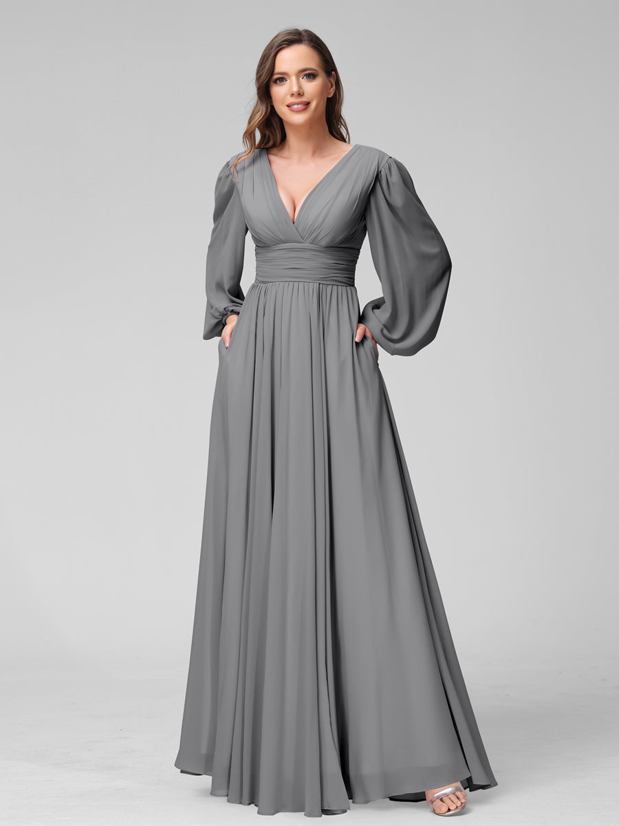 A-Line V-Neck Long Sleeves Long Chiffon Bridesmaid Dresses With Split Side Pockets Gray