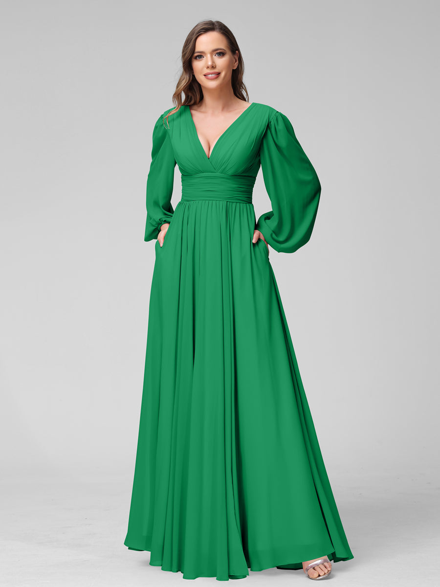 A-Line V-Neck Long Sleeves Long Chiffon Bridesmaid Dresses With Split Side Pockets Green