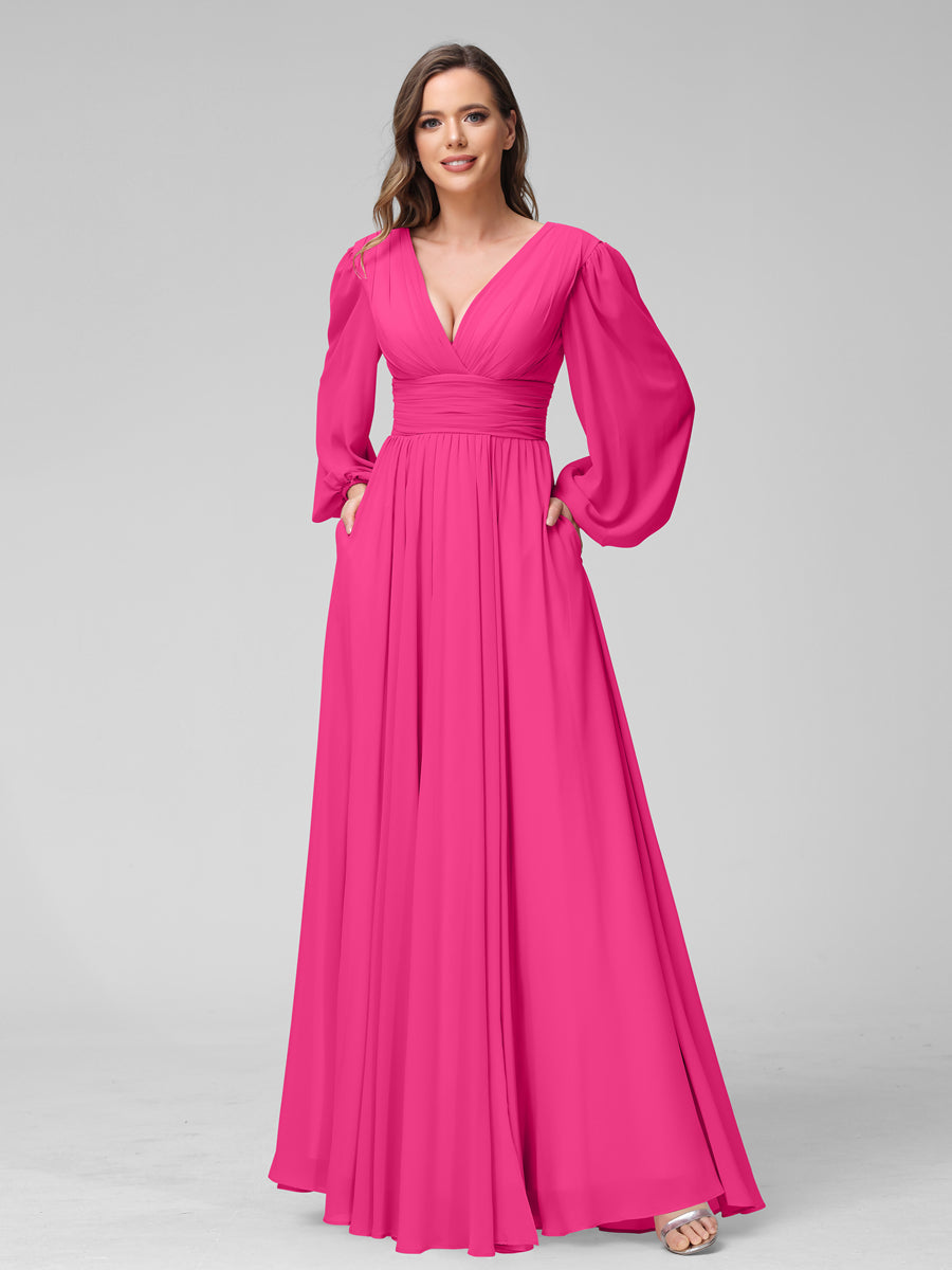 A-Line V-Neck Long Sleeves Long Chiffon Bridesmaid Dresses With Split Side Pockets Hot Pink