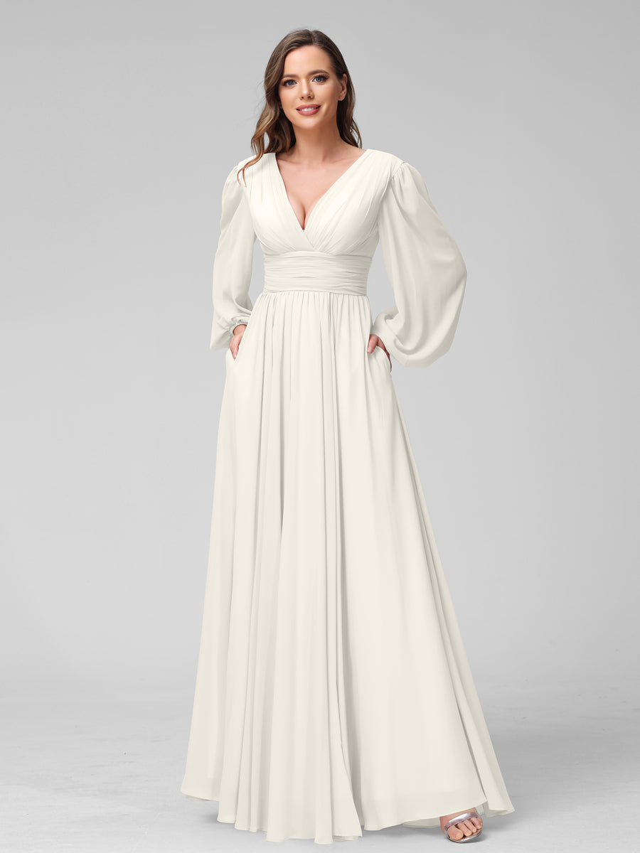 A-Line V-Neck Long Sleeves Long Chiffon Bridesmaid Dresses With Split Side Pockets Ivory