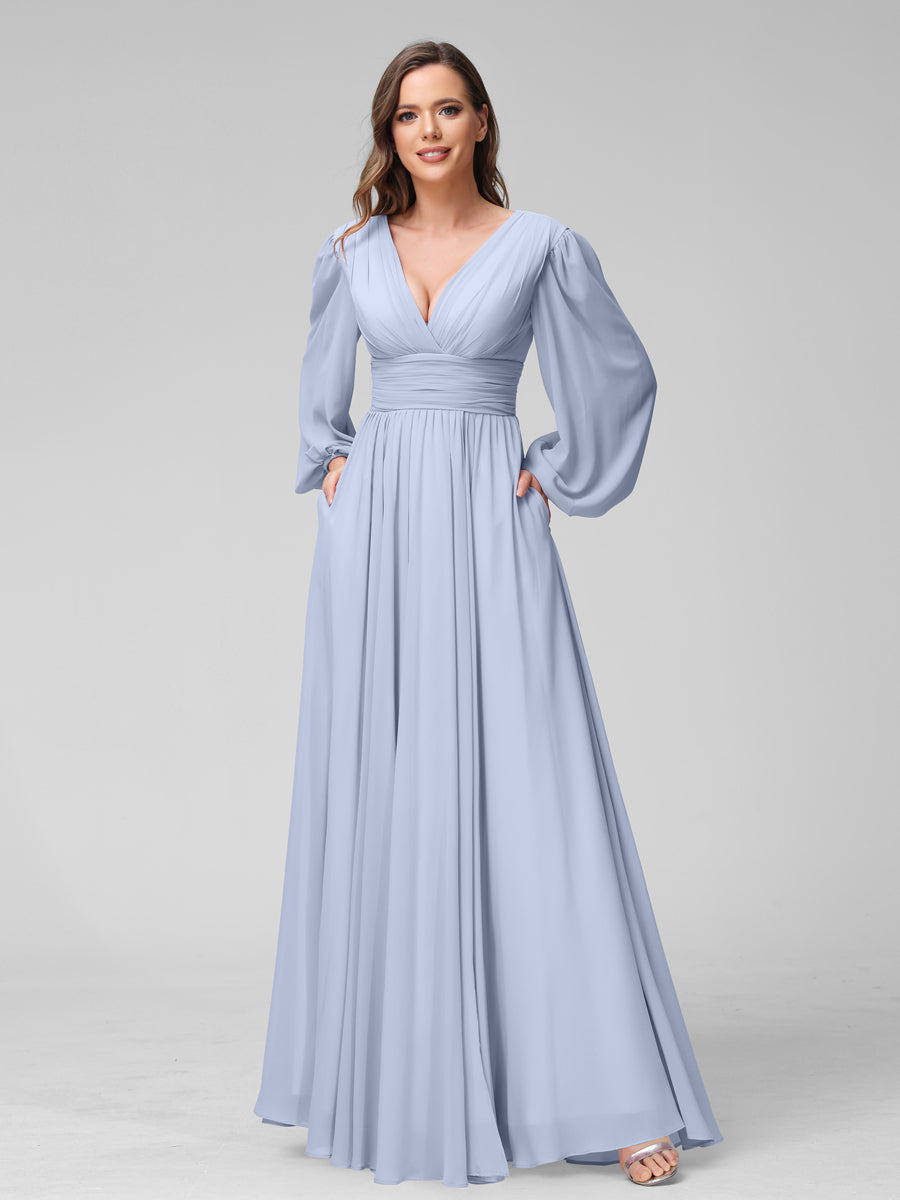 A-Line V-Neck Long Sleeves Long Chiffon Bridesmaid Dresses With Split Side Pockets Lavender