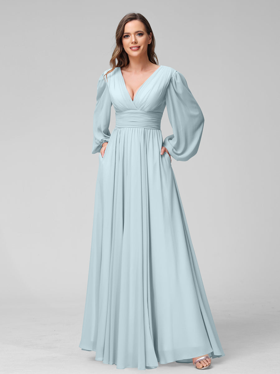 A-Line V-Neck Long Sleeves Long Chiffon Bridesmaid Dresses With Split Side Pockets Light Blue