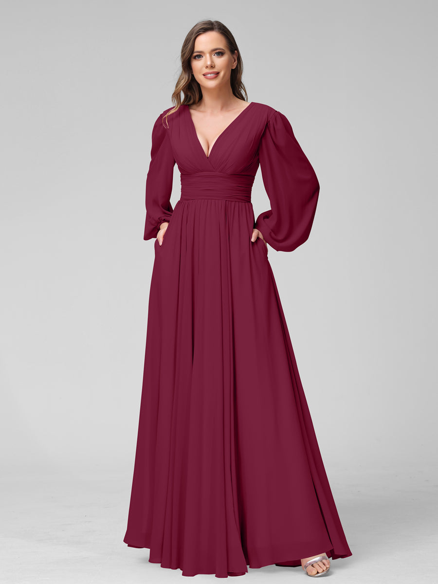 A-Line V-Neck Long Sleeves Long Chiffon Bridesmaid Dresses With Split Side Pockets Light Burgundy
