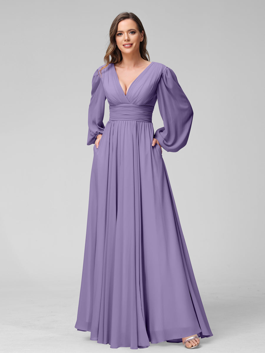 A-Line V-Neck Long Sleeves Long Chiffon Bridesmaid Dresses With Split Side Pockets Light Purple