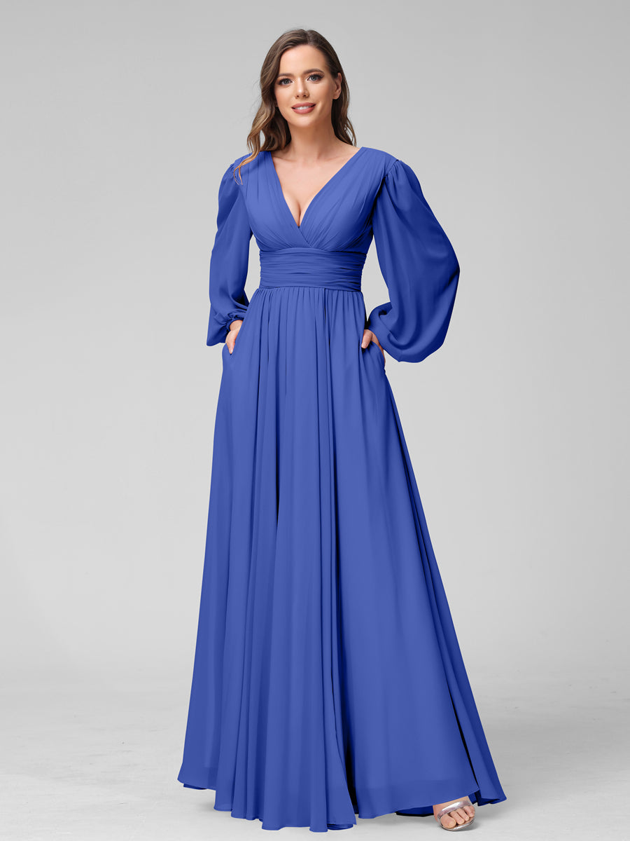 A-Line V-Neck Long Sleeves Long Chiffon Bridesmaid Dresses With Split Side Pockets Light Royal Blue